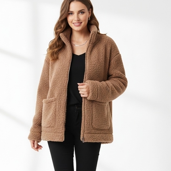 Jackets & Blazers - Tan Faux Fur Zip-Up Mock Neck Jacket with Pockets Size-M